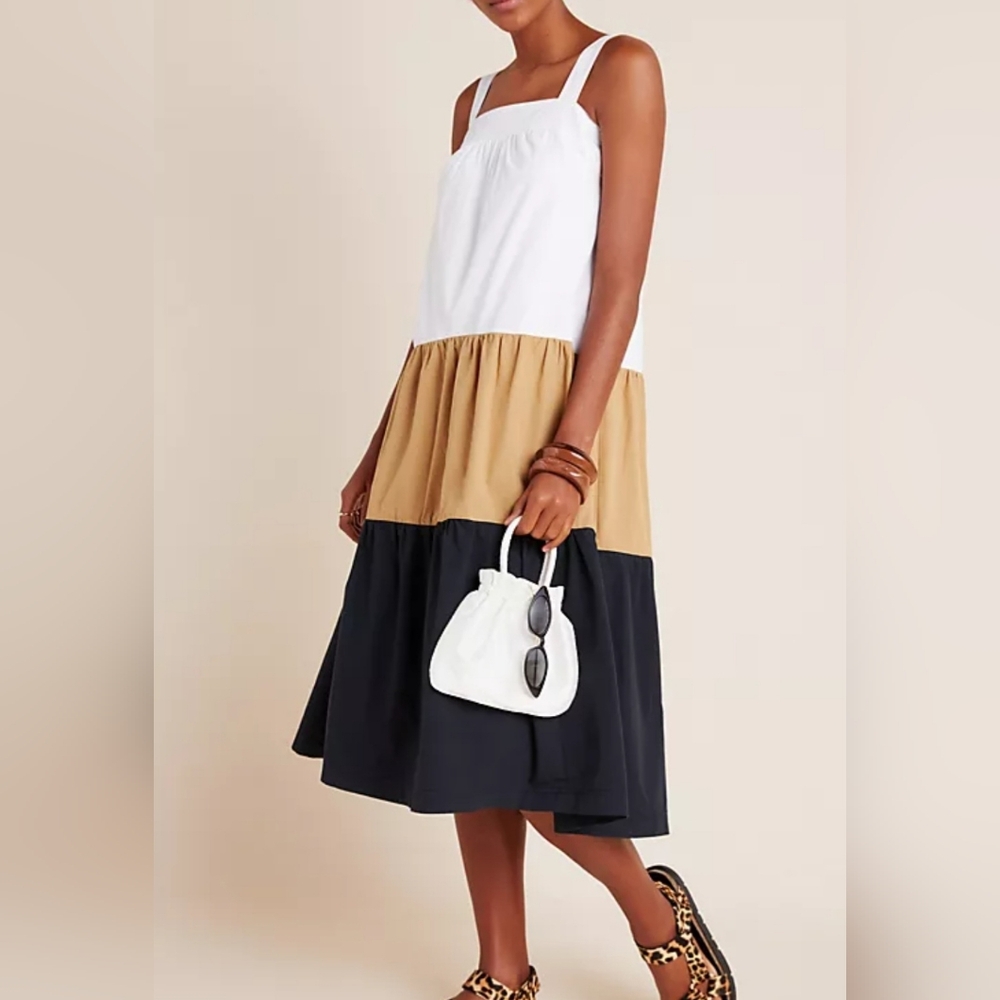 Anthropologie Square-Neck Tiered Colorblock Midi Dress Neutral Size Small